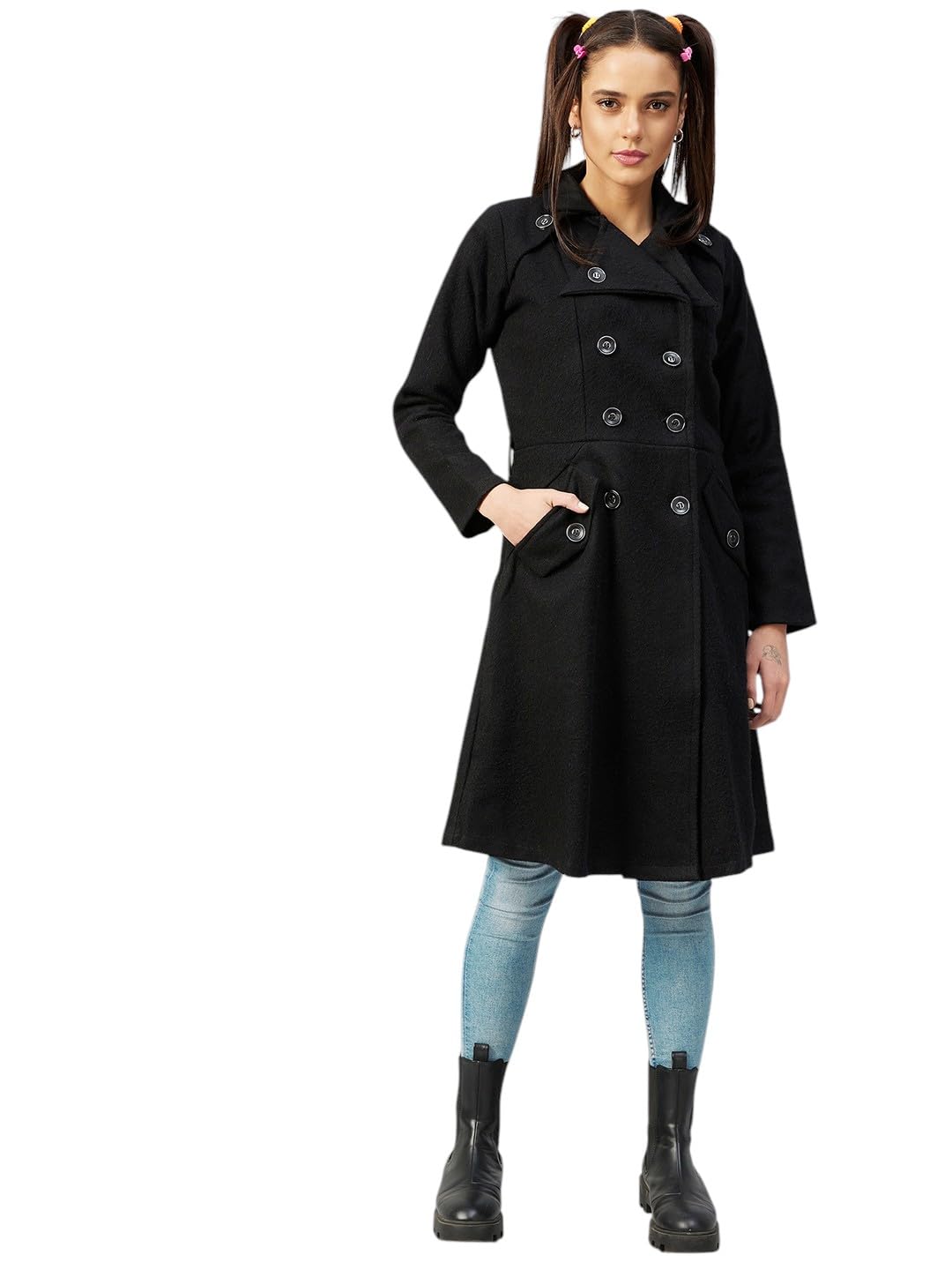 Black trench coat with stylised collar-image-16