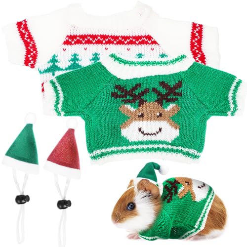 HANABASS Christmas Pet Outfit for Small Pets 2 Mini Hats and 2 Knitted Sweaters Festive Guinea Pig and Bunny Costume Set including Comfortable Elastic Straps for Winter - Image 3