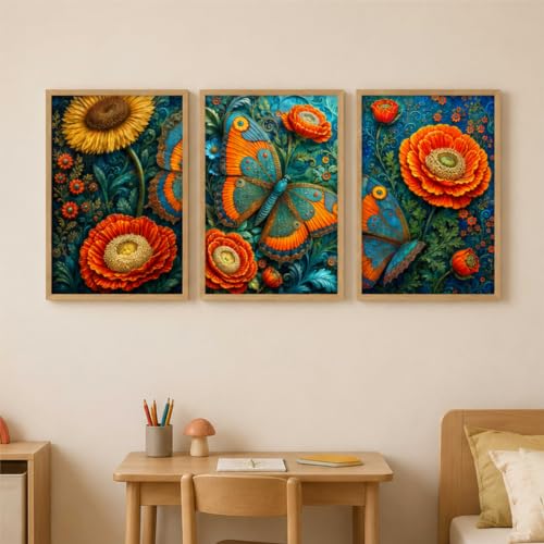 Image of Livin'luxe Set of 3 Butterfly Floral Wall Paintings for Living Room Bedroom Home Decor with Premium Wooden Color Synthetic Frame, Colorful Nature Art (13.5 x 19.5 Inch) NM03-73