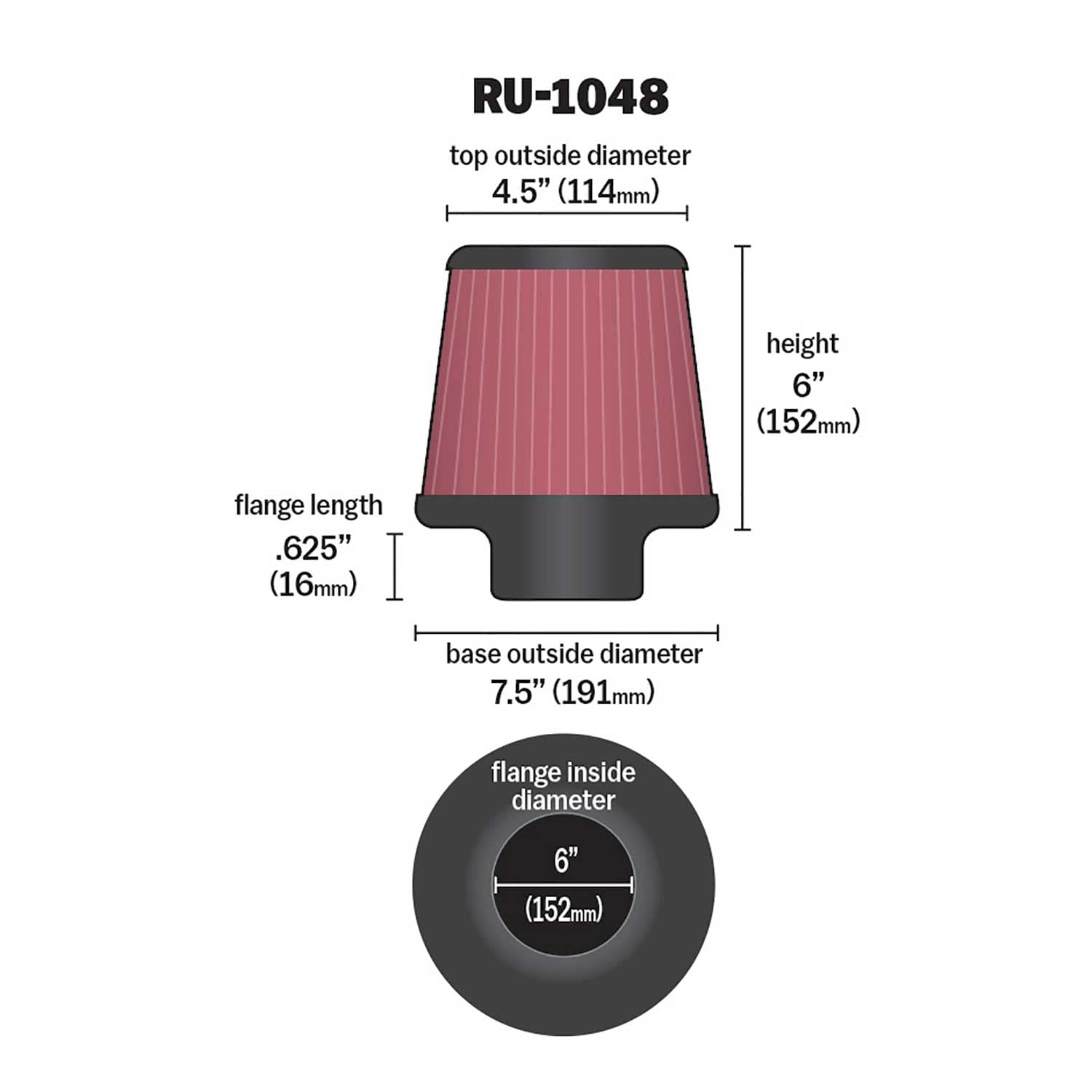 K&N Filtro Aria Universale Conico 152mm flangia, 191mm base, 114mm top, altezza 152mm (RU-1048)