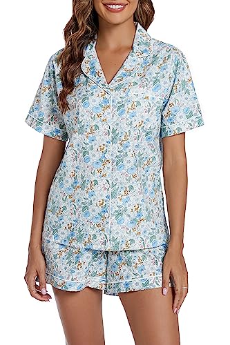 Image of LUBOT 100% Cotton Pajamas for Women 2 Piece PJ Set Poplin Woven Lightweight Ladies Button Short Sleeve Sleepwear S-XXL