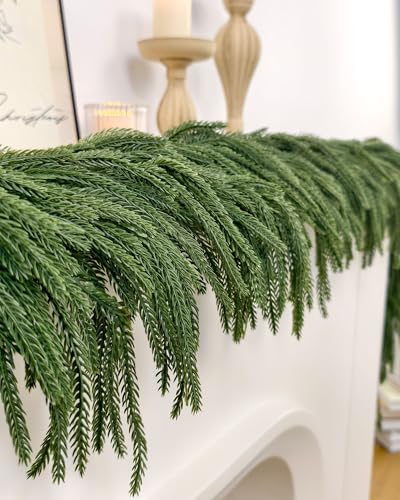 6ft Christmas Garland with Lights, Norfolk Pine Garland, Realistic | Green Garlands for Mantle, Stair Railing, Battery Operated Indoor/Outdoor New Year Holiday Decoration with Timer - image 7