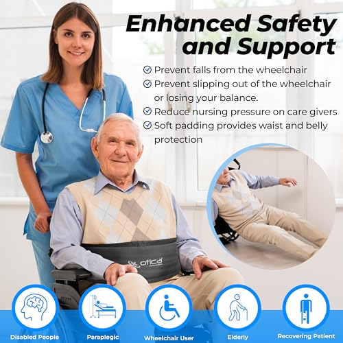 Image of OTICA Wheelchair Safety Belt, Adjustable Length - Black Anti-Slip and Anti-Fall Wheelchair Strap Seat Belt, Extra Long Size-Suitable for Obese People (Black, Wheelchair Safety Belt With Pad)