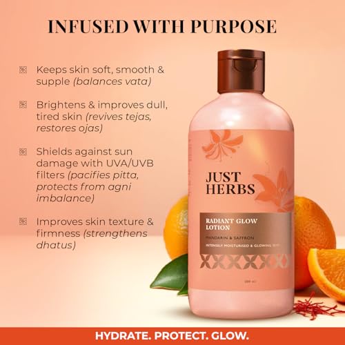 Image of Just Herbs Radiant Glow Body Lotion with UVA /B Filters | For Intensely Moisturised & Glowing Skin | Gives Sun Protection | Mandarin, Saffron, Vitamin C, Niacinamide | Clinically Tested - 300ml