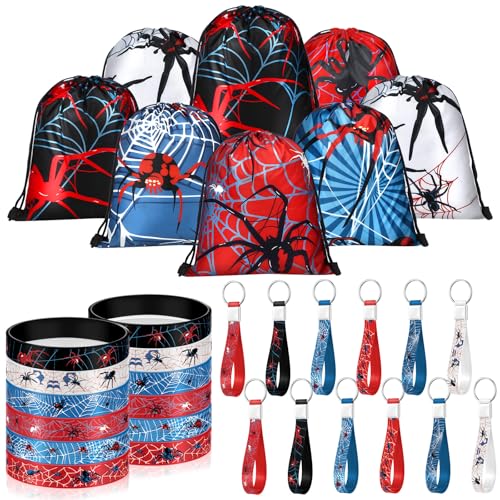 Lothee 32 Pcs Spider Party Favors Spiderweb Birthday Party Decor Drawstring Bag Goodies Bags with Rubber Bracelets Wristlet Keychain for Spiders Supplies Friends Gift Mardi Gras Accessories(Spiderweb)