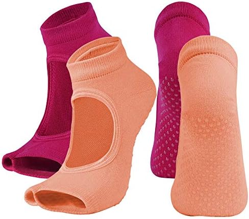 Vanktion 2 Pairs Open Toe Yoga Socks for Women Non Slip Grip Sock for Pilates Sports (Orange and Rose Red)