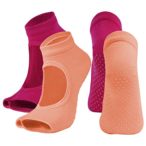 Vanktion 2 Pairs Open Toe Yoga Socks For Women Non Slip Grip Sock For Pilates Sports (Orange And Rose Red) #TOP4