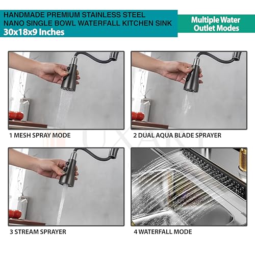 Image of LUXART Waterfall Anti-Scratch Silver Multifunctional Kitchen Sink - 30x18x9 Inch Honeycomb Design Multifunction Sink With Pull Down Faucet, Cup washer & Drain Baskets | Stainless Steel Kitchen Sink