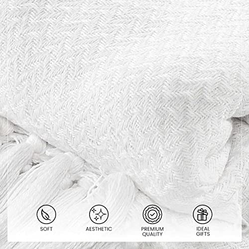 Image of SASHAA WORLD Cotton Chevron Throw Blanket Handwoven with Fringes, XL Sofa Throw Blanket /Bedcover (170x250 cm, White)
