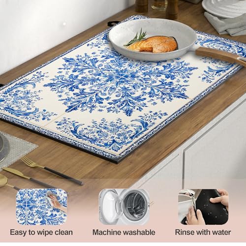 Image of Blue White Tile Stove Top Covers Pad 28 x 20 inches Dish Drying Mat Coffee Bar Mats Kitchen Decor Absorbent Pad Fit Coffee Maker Machine Dish Drying