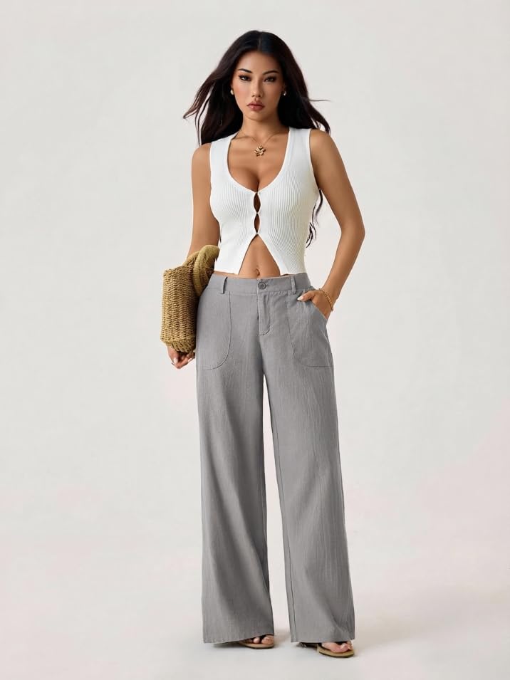 Image of GRECIILOOKS Beige Wide Leg Linen Trousers for Women | High Waist Cotton Baggy Korean Style Casual Pants | Comfortable Formal & Casual Women Trousers