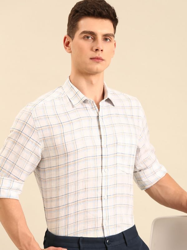 Image of Linen Club Men's Pure Linen Checked Contemporary Fit Full Sleeve Casual Shirt