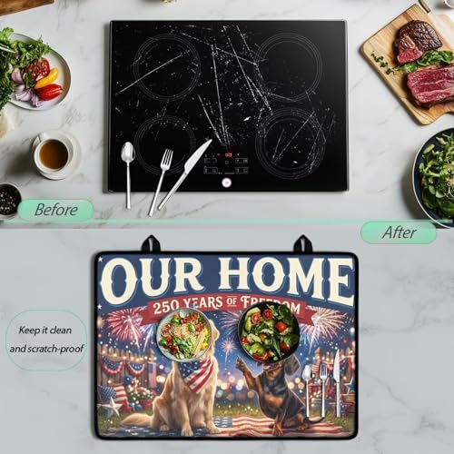 Image of Poceacles 4th of July Electric Stove Top Cover Induction Electric Stove Protector Non-slip Glass Cooktop Cover Stovetop Mat Multipurpose Flat Top Mat, Dog American Flag 250 Years Print