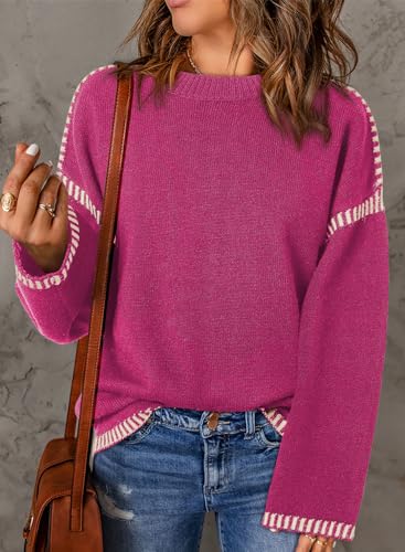 Image of Dokotoo Sweaters for Women Fashion Solid Crewneck Loose Fit Long Sleeve Contrast Cable Knit Pullover Sweater Jumper Tops