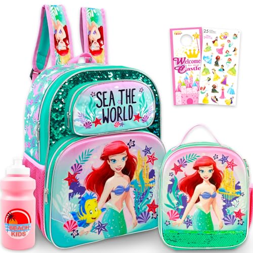 Disney Conjunto de mochila e lancheira The Little Mermaid – Pacote com bolsa escolar Ariel de 40,6 cm, lancheira, garrafa de água, adesivos mais | Material escolar da Pequena Sereia para meninas