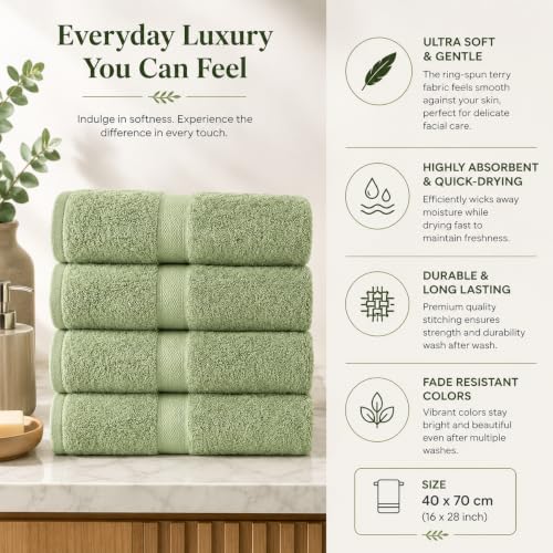 Image of Sulfar 100% Combed Cotton, Quick Drying Highly Absorbent, Luxury Hand Towel Set (Pack of 4, 40 X 70 cm) Nature Green