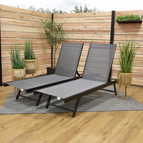 Image of Vivere Set of 2 Aluminum Outdoor Chaise Lounge Chairs, Urban Sun Adjustable Reclining Patio Loungers, Lay Flat Tanning Chairs with Sling Seat, Black