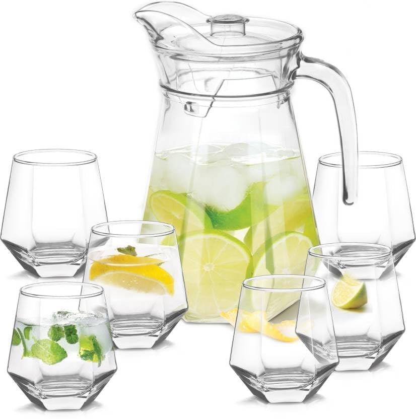 Image of Diamond Water and Juice Glasses Set of 6 350ML and 1.4 Liter Water Jug 1 Piece,Transparent Glass and Jug Set for Dining Table,Party,Gift Set,All pourpse use (7 Piece) (MT-11)