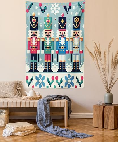 Lunarable Christmas Tapestry King Size, Classic Pixel Art Design Nutcrackers with Snowy Details Xmas Ornament, Wall Hanging Bedspread Bed Cover Wall Decor, 104" X 88", Blue White Multicolor