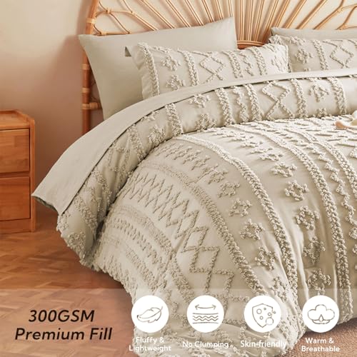 Image of MR&HM Tufted Boho Comforter Set Queen, Linen Farmhouse Bedding Set, Bed in a Bag Set 7 Pieces with 1 Comforter, 2 Pillow Shams, 2 Pillowcases, 1 Flat Sheet, 1 Fitted Sheet for All Seasons