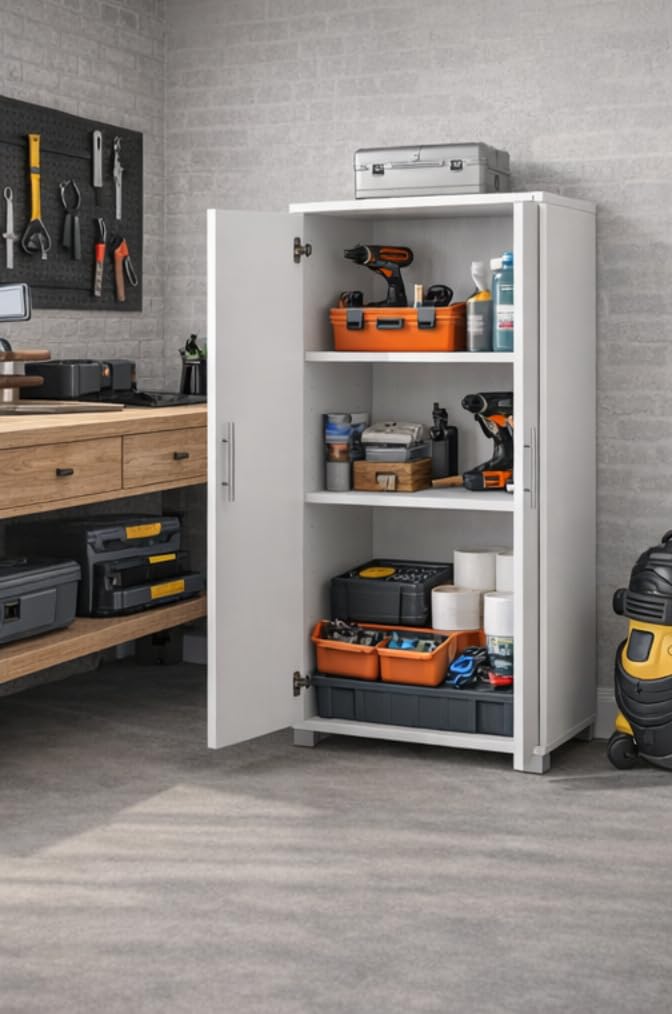MMT - Armadietto da ufficio, in legno bianco, altezza 120 cm, con serratura, per ufficio, garage, utilità. | Garage, Utility, Piedini regolabili, Ripiano regolabile, Anti-ribaltamento, 3 Ripiani