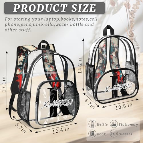 Personalized Small Clear Backpack Stadium Approved Heavy Duty PVC Plastic Custom Gothic Skull Transparent Backpacks See Through Bag with Name, Spooky Skeleton Bone4