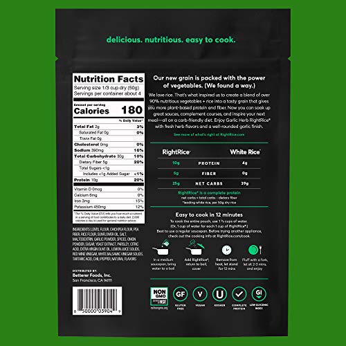 RightRice - Garlic Herb (7oz. Pack of 6) - Made from Vegetables - High Protein, Vegan, non GMO, Gluten Free