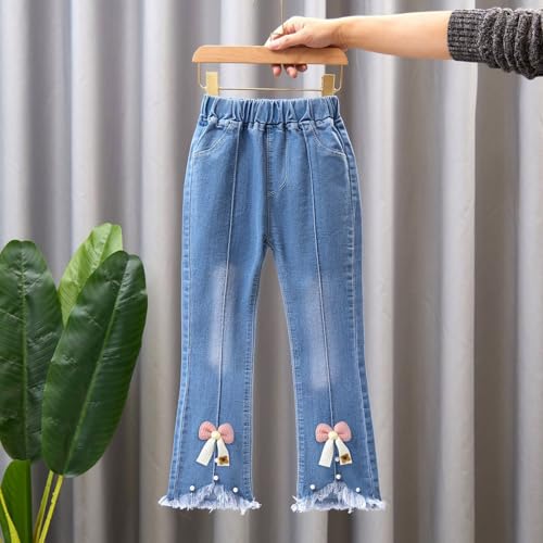 Girl's High Waisted Flare Leg Jeans Cute Bow Split Raw Hem Bell Bottom Jeans Denim Pants with Pockets 1-12 Years4