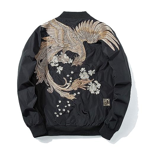 XYXIONGMAO Phoenix Hand Embroidery Personality Japanese hip hop streetwear windbreaker Flight Black Bomber Tactical Jacket (Gold, L)