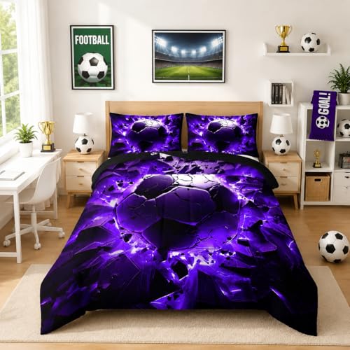 Image of Nttopship Soccer Bedding Comforter Set Full Size for Kids Teens and Adults, Purple and Black Football Printed Bedding Sets 3 PCS,Ball Sports Themed Bedroom Decor with 1 Comforter and 2 Pillowcases