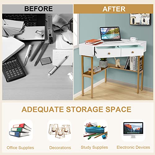 Ifanny Corner Desk With Drawers, 90 Degrees Triangle Desk W/Storage Shelves And Metal Frame, Corner Writing Desk, Corner Makeup Vanity Table, Small Corner Desks For Small Spaces (Gold) #TOP4