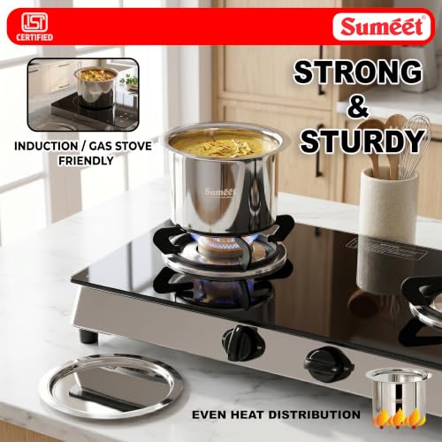 Image of Sumeet ISI Certified Stainless Steel Ganj /Milk Boiler /Tope /Cookware Set of 3 Pcs with Lid, Gas and Induction Friendly, 1250ml, 1550ml, 2000ml, Silver