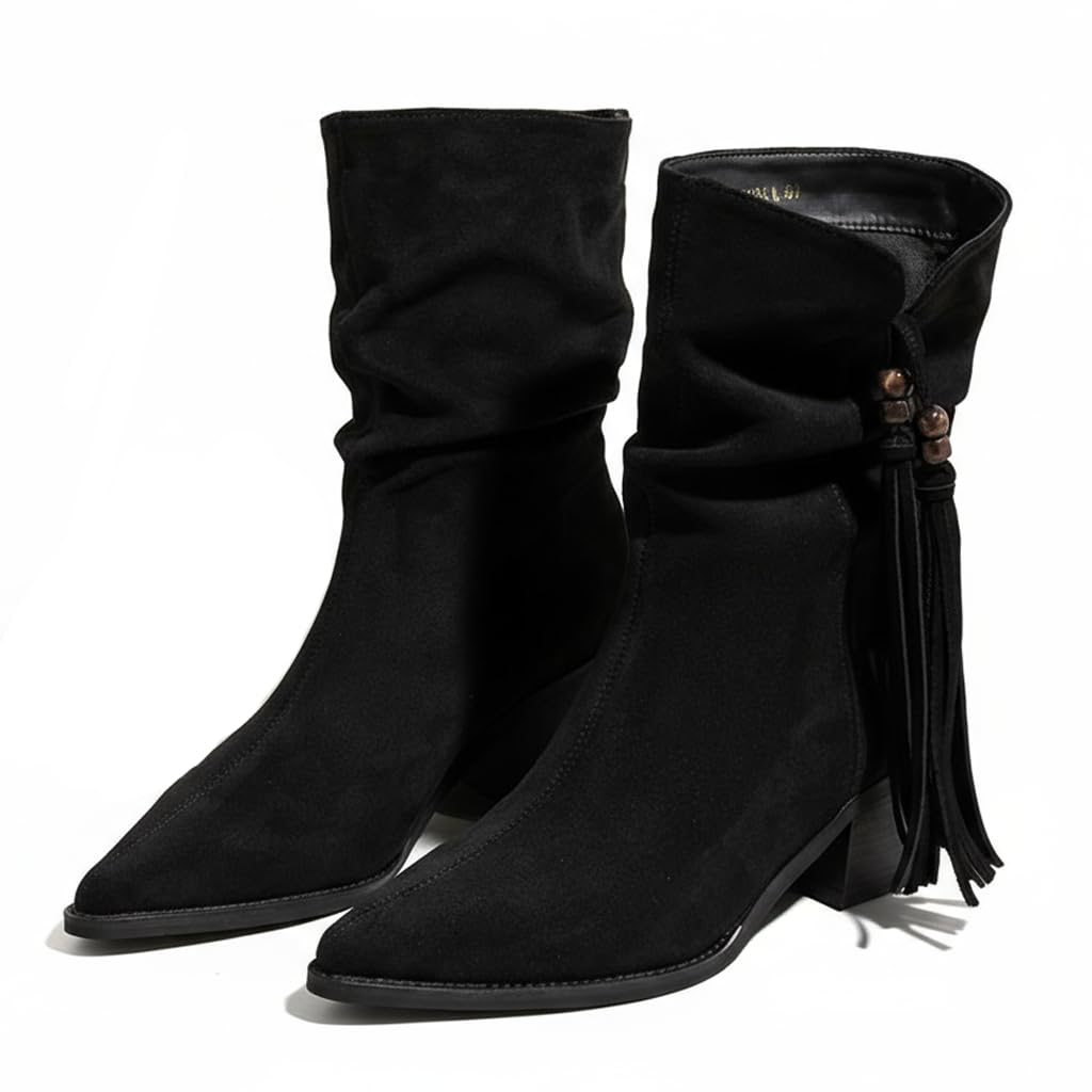 Womens Tassel Chunky Heel Retro Ankle Boots Elegant Pointed Toe Block Heel Non-Slip Pull-On Bohemian Ankle Boots For