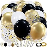 Luftballons Schwarz Gold, 60 Stück Schwarz Gold Ballons, 12 Zoll Metallic Gold Konfetti Ballons und Schwarz Latex Luftballons mit Band für Geburtstag Hochzeit Kinder Baby Shower Party Dekoratione
