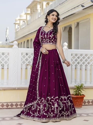 Image of TRENDMALLS Art Silk Embroidery Sequence Work Lehenga Choli Unstitch Blouse With Dupatta For Women (New-Bridal-Latest-Wedding-Sequence-Lehenga-Designer)