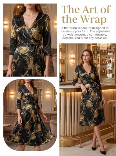 Image of Womens Plus Size Summer Dresses Sexy V Neck Midi Dress Faux Wrap Dress 3 /4 Sleeve Boho Casual Floral A-Line Skirts