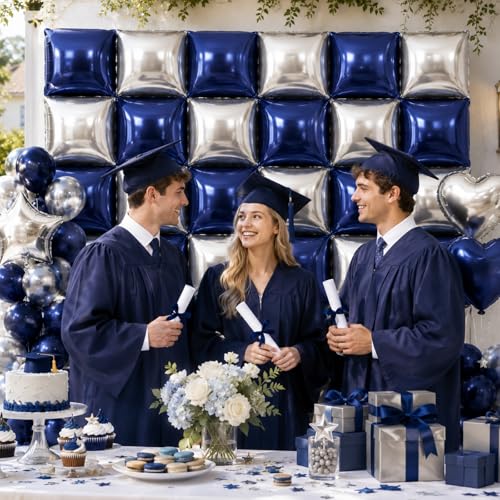 Image of Metallic Navy Blue and Silver Double Sided Square Foil Balloons Wall,19 Inches Chrome Foil Balloons Tunnel Arch Kit for Bachelorette, Anniversary, New Year,2026 Graduation,Birthday Party Decorations