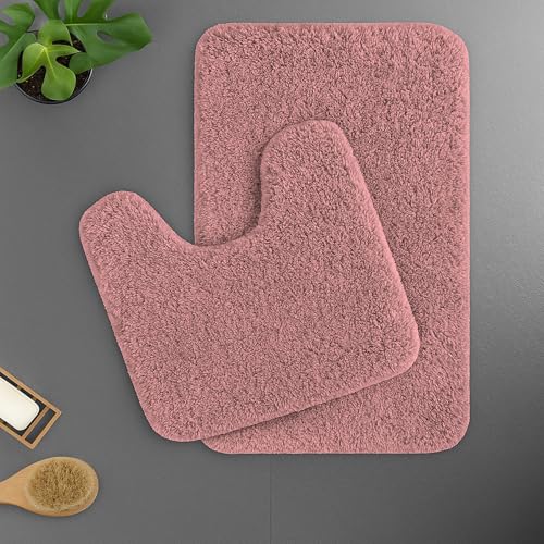 Image of LUXE HOME INTERNATIONAL Polyester Contour Bath Mat - Washable, Anti Skid, Water Absorbent Contour Mats for Bathroom, Toilet, Wash Basin & Bathroom Contour Mat Set (Fuscia, 45x 75 cm & 40x45)