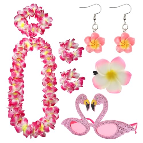 6 Pièces Collier Hawaien Fleurs, Collier de Fleurs Hawaïenne Décoration avec Colliers Bandeau Bracelet Lunettes Pinces Cheveux et Boucle d'Oreille pour Fêtes Plage Anniversaire Carnaval Mariage, Rose