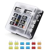VETOMILE 6-Way Blade Fuse Block Independent Circuits 32V Fuse Box with LED Indicator for Automotive Boat Marine RV Truck Waterproof PC Cover 5A 10A 15A 20A