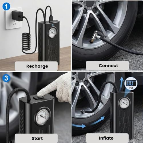 Image of Cordless Tyre Inflator Portable Air Compressor Pump with Digital Pressure Gauge 5000mAh Rechargeable Battery Mini Wireless Air Pump for Car Bike Cycle Scooter Ball Inflation 60 PSI