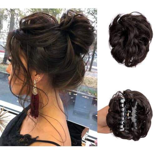 Pinza para el pelo, moño desordenado, moño rasgado, extensiones de pelo elástico, rizado, moño para mujer, color marrón/negro