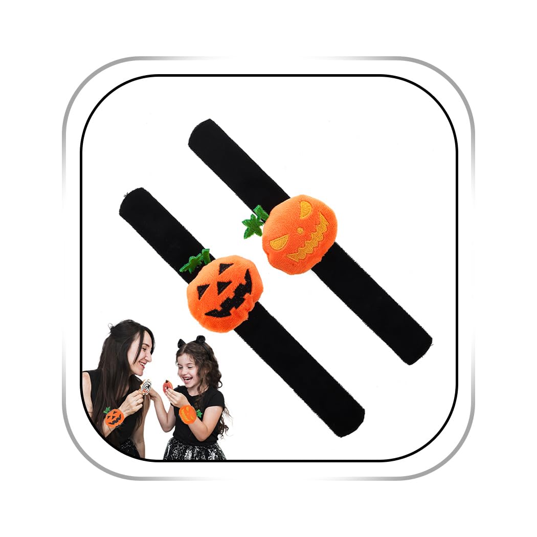 Dmaiy 2PCS Halloween Bracelets for Women Orange Pumpkin Bracelet Plush Slap Bracelet Adorable Ghost Pumpkin Bangle for Party