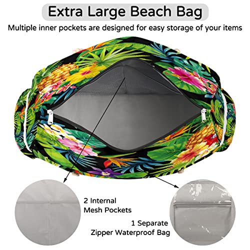 Bolsa de praia feminina com flores tropicais, abacaxi, folhas de palmeira, impermeável, bolsa de pis