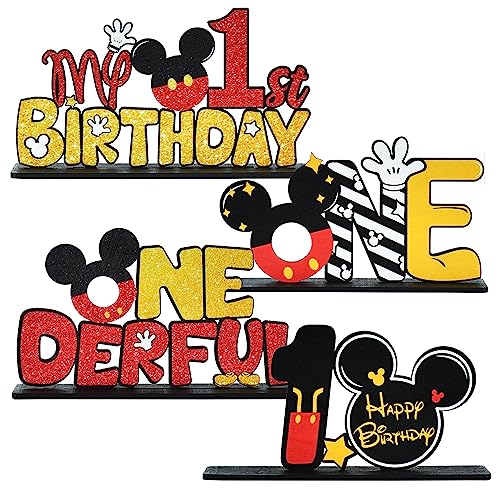 TONIFUL Mouse 1st Birthday Party Supplies 1st Table Centerpieces - Red Mouse Theme Design and Sturdy Wooden for One Year Old Birthday Party Favors 1st Birthday Party Decorations (4 Pcs)