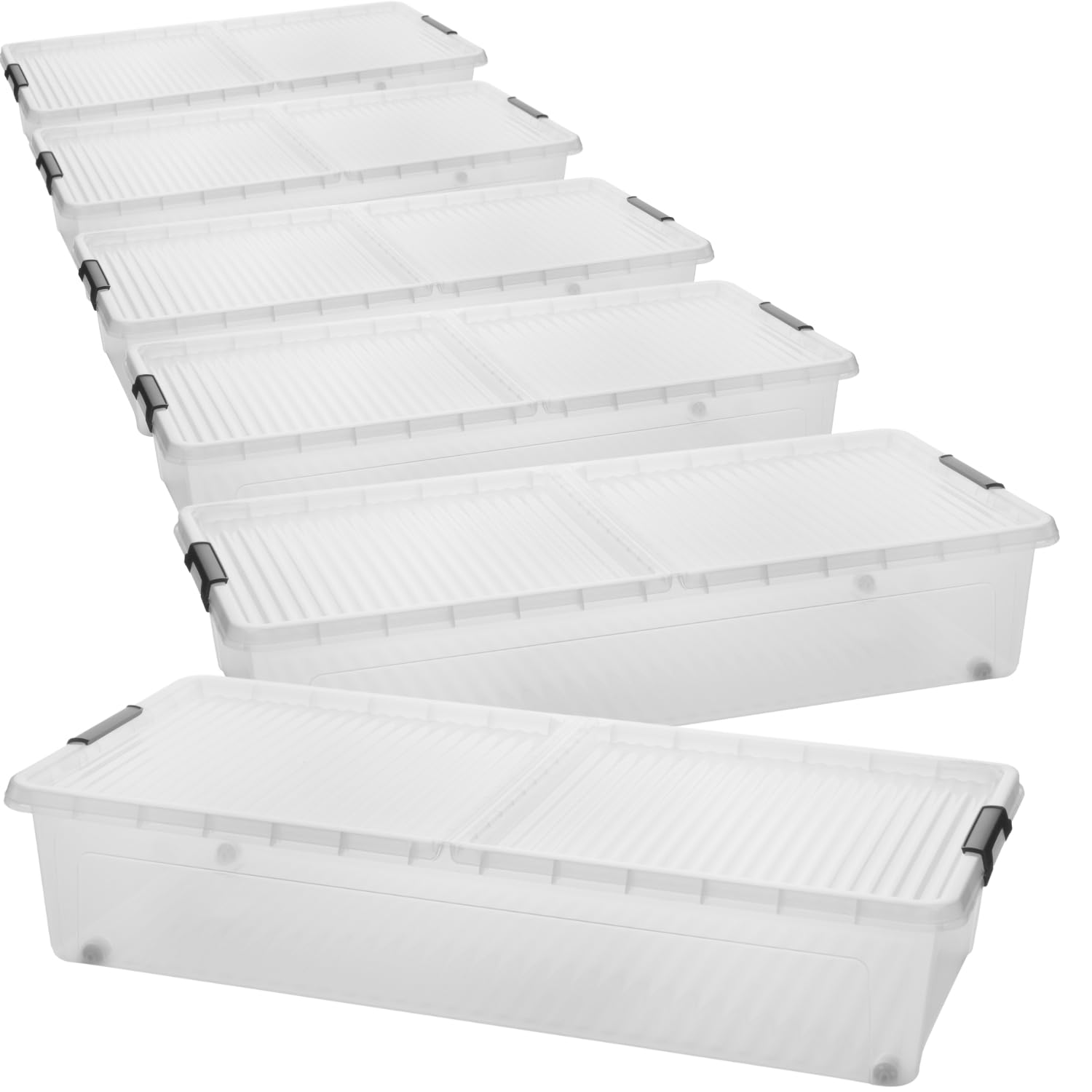 SUSTANIA Set di 6 scatole trasparenti sotto letto in plastica con coperchi di chiusura – Cassettiera sotto il letto piatto per risparmiare spazio