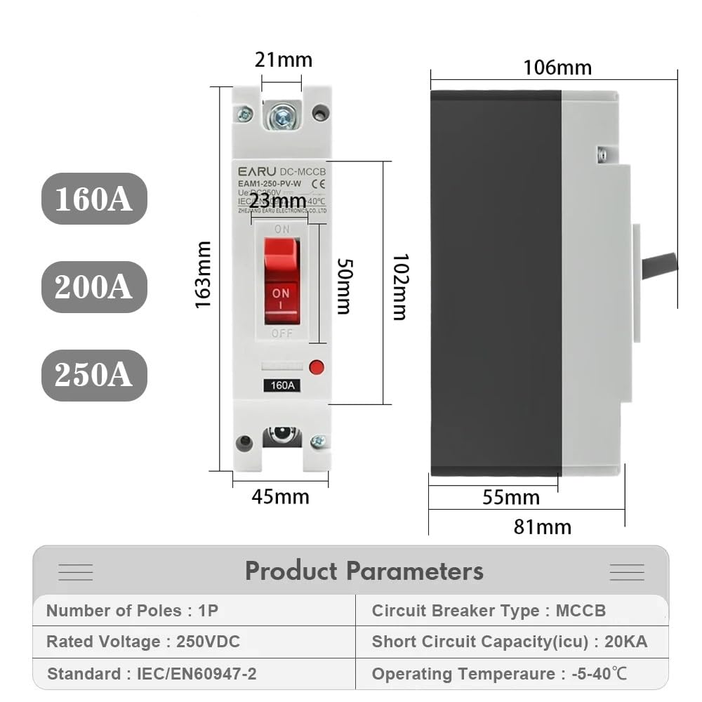 Interruttore Magnetotermico Interruttore di Protezione da sovraccarico con Scatola Stampata Solare DC 250V 500V DC for Solare fotovoltaico PV 100A 125A Interruttori Automatici(1P,125A)