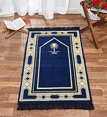 Ananya Trading Muslim Islamic Prayer Mat/Jainamaz Mat, Chenille Look, Soft, Foldable 4x2 feet-Blue (Blue) (JN-Blue Talvar)