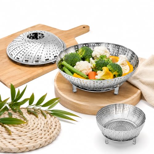 Image of Stainless Steel Steamer Basket for Cooking | Foldable Vegetable Steamer Basket for Momos, Dumplings & Veggies | Expandable Steam Cooker Insert | Dishwasher Safe Kitchen Steaming Basket