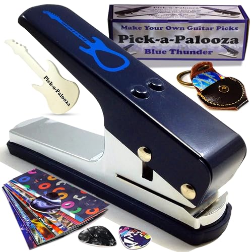 Pick-a-Palooza DIY Guitar Picks Punch Mega Pack - Custom Pick Maker for Musicians - Features Leather Key Chain Holder Pick Strips with Artwork & File - Unique Gifts for Men & Women - Blue Punch